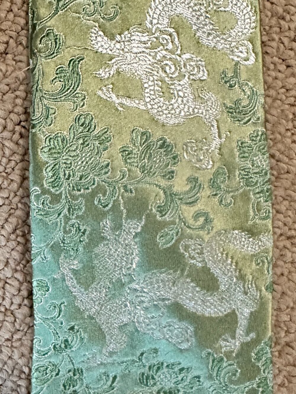 100% Silk Handmade Green Dragon and Floral design Kailong Tie